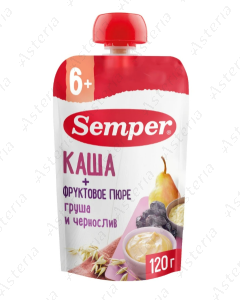 Фруктово-злаковое пюре Semper с грушей и черносливом, 120 г